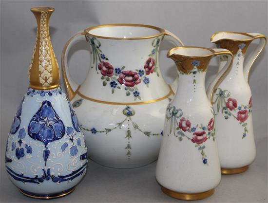 William Moorcroft for James Macintyre. An 18th century pattern two handled vase, two similar ewers and a gesso faience vase, 25cm, neck